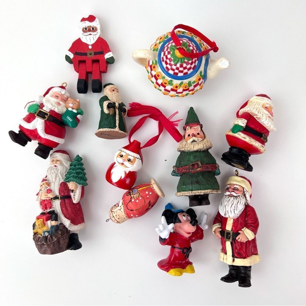 Lot Of 11 Vintage   Ceramic Resin  Santas  Wood Christmas Ornaments